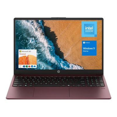 HP 15.6" Portable Laptop (Include 1 Year Microsoft 365), HD Display, Intel Quad-Core N200 Processor, 16GB RAM, 128GB Storage, Wi-Fi 6, Webcam, HDMI, Numeric Keypad, Windows 11 Home, Glimmer Garnet