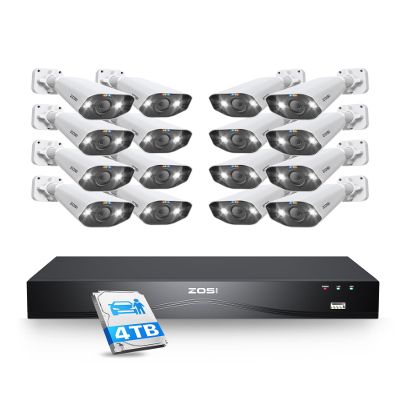 ZOSI 32CH 4K PoE Security Camera System, 16x 8MP Outdoor Wired Cameras, AI Human/Vehicle Detection, 2 Way Audio, Color Night Vision, 16 Port 32 Channel NVR with 4TB HDD for Business 24/7 Recording