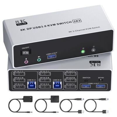 8K@60Hz Displayport KVM Switch 3 Monitors 2 Computers, 4K@120Hz Triple Monitor KVM Switch for 2 Computers Sharing 3 Monitors, Keyboard, Mouse,with 2 USB3.0 Cables,Controller and Power Adapter