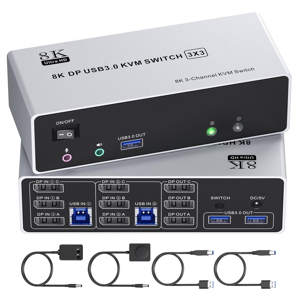 8K@60Hz Displayport KVM Switch 3 Monitors 2 Computers, 4K@120Hz Triple Monitor KVM Switch for 2 Computers Sharing 3 Monitors, Keyboard, Mouse,with 2 USB3.0 Cables,Controller and Power Adapter