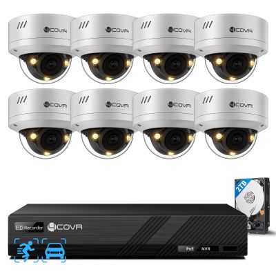 4COVR PoE Security Camera System 5MP, 8CH NVR & 2TB HDD, 8X IK10 Dome IP Cameras IP67 Outdoor, Smart Color Night Vision, Two-Way Audio, Person/Vehicle Detection, 24/7 Home & Businesses, LY54FA5M0808