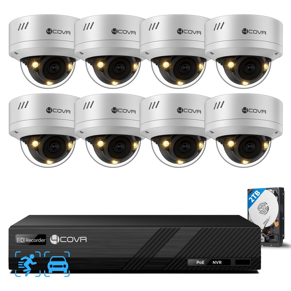 4COVR PoE Security Camera System 5MP, 8CH NVR & 2TB HDD, 8X IK10 Dome IP Cameras IP67 Outdoor, Smart Color Night Vision, Two-Way Audio, Person/Vehicle Detection, 24/7 Home & Businesses, LY54FA5M0808