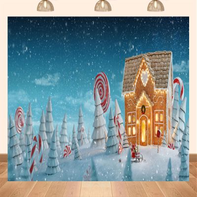 PEKRU 9x6ft Fabric Winter Wonderland Photography Backdrop, Christmas Gingerbread House Scene with Snow Forest, Candy Canes, LED Lights, Holiday Theme Background for Photos Props