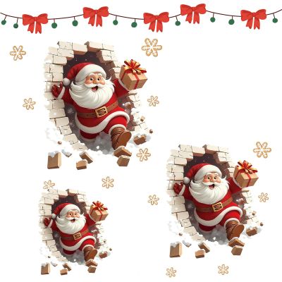 3D Santa Stickers, Santa Claus Breakthrough Wall Sticker, Removable Christmas Creative Decals, Large 3D SantaClaus Sticker Peel and Stick, Festival Decoration (A+B+C-1set)