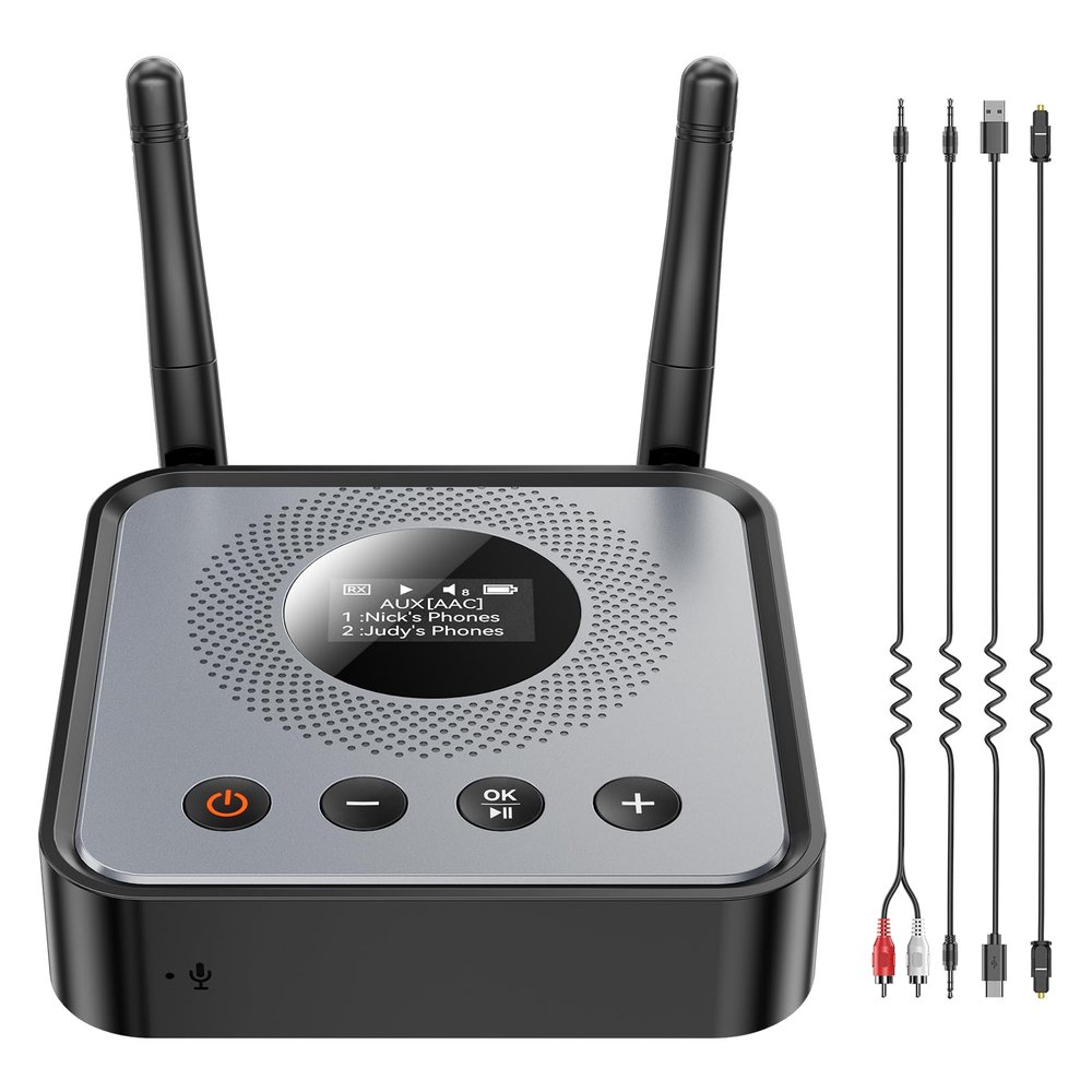 Bluetooth Receiver Transmitter for Home Audio/TV/Computer Systems Supporting Features OLED Display/Low Latency/HD Bluetooth Audio Adapter Equipped with USB/Optical/RCA/3.5mm AUX Input/Output Ports