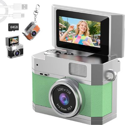 2026 Thumb-Sized Flip Screen Mini Digital Camera, Retro CCD Sensor, 180 Rotating Screen, 64GB TF Card & OTG Adapter, Compact Digital Camera for Students & Campus Life (Green)