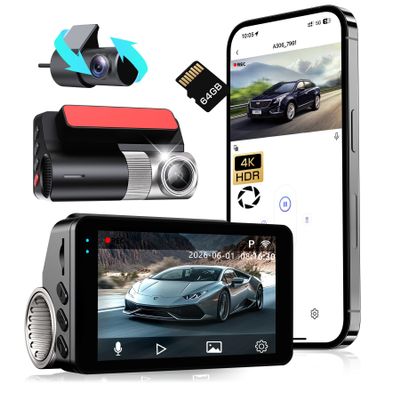 4K Dash Cam Front and Rear, G-Sensor, Free 64GB Card Included, 5.8GHz WiFi with Dash Camera for Cars, Time-Lapse Recording, 3" HD IPS, 24H Parking Mode,Night Vision