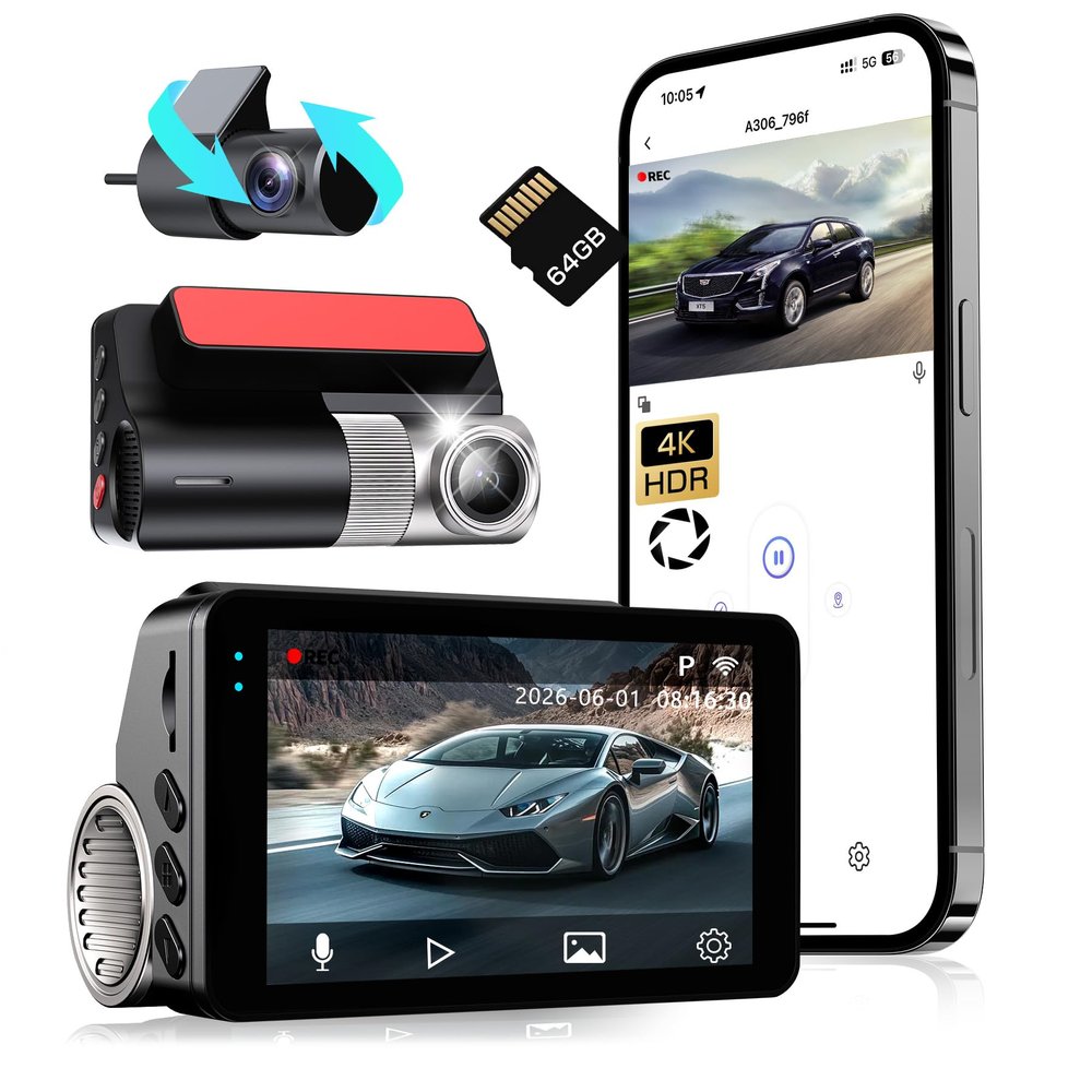 4K Dash Cam Front and Rear, G-Sensor, Free 64GB Card Included, 5.8GHz WiFi with Dash Camera for Cars, Time-Lapse Recording, 3" HD IPS, 24H Parking Mode,Night Vision