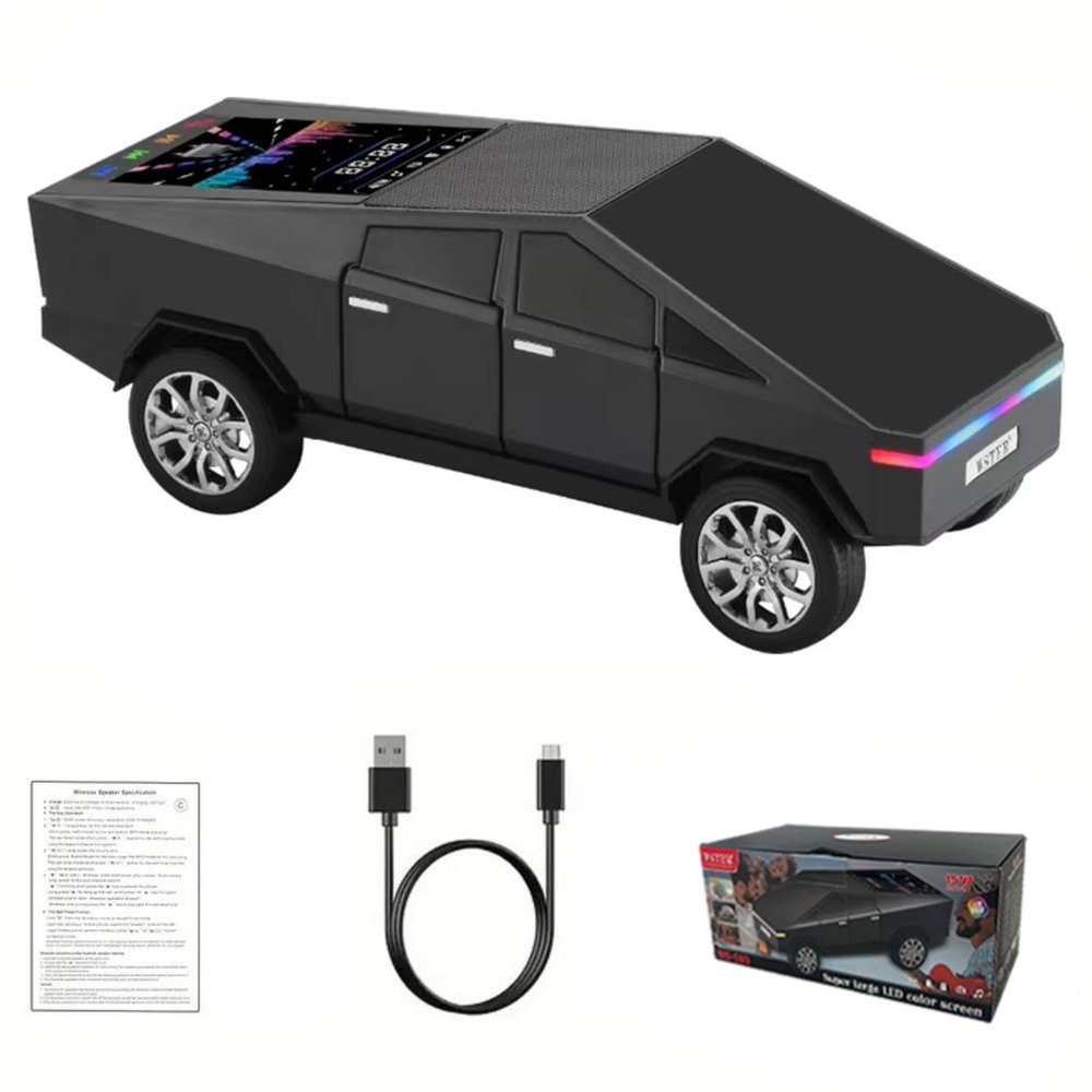 Futuristic Shapes Truck Bluetooth Speaker with LED Display Screen TWS Stereo, FM Radio, USB/TF Playback, LED Headlights, Built-in Mic, Gift for Car Lovers, Model Collectors & Tech Fans (Black)