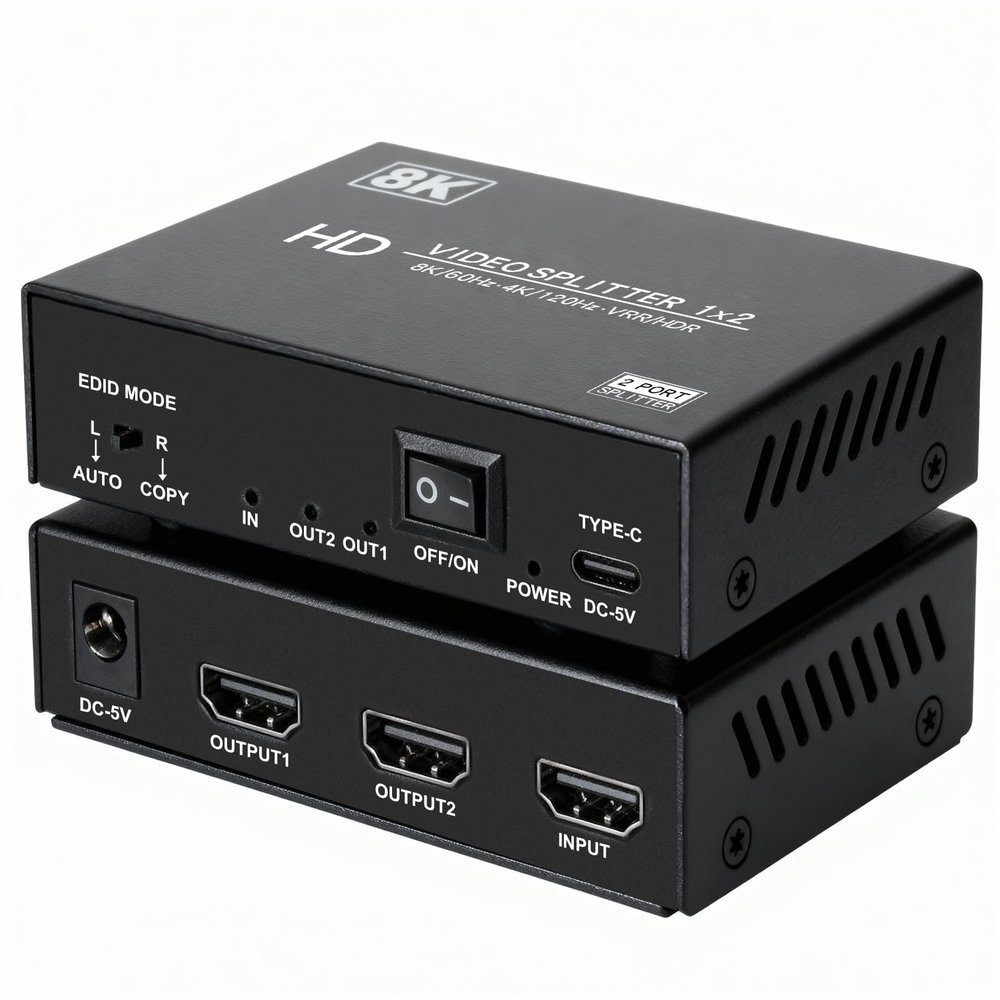 8K HDMI Splitter 1 in 2 Out 4k@120Hz 1x2 hdmi 2.1 Splitter for Dual Monitors (Not Extend) Support 8k@60Hz,4:4:4,48 Gbps,EDID,Auto Down Scaler, HDCP 2.3, VRR, HDR10+ for PS5Laptop,HDTV,Projector