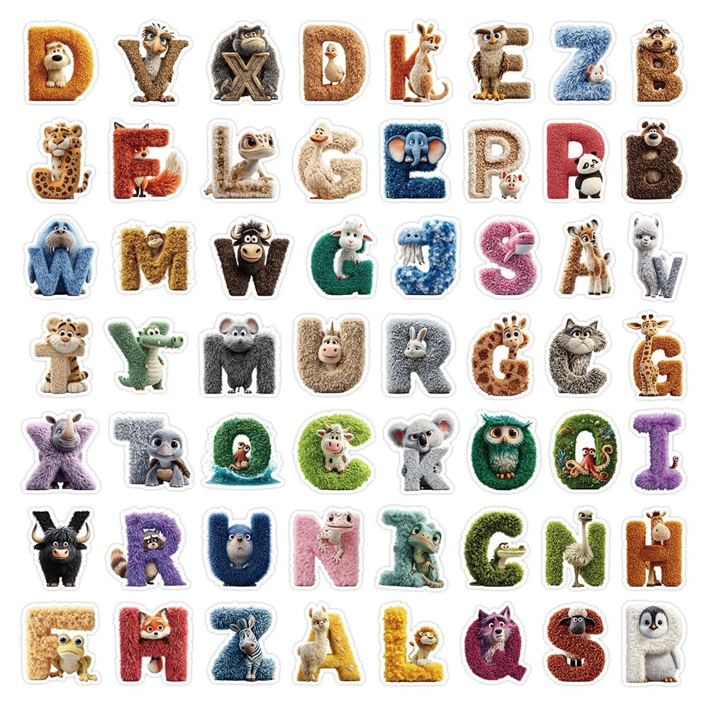 100Pcs Cute Alphabet Animals Stickers Pack, Waterproof Graffiti Letter Decals for Scrapbook, Junk Journal, Classroom Decor, Door, Mailbox, Laptop, Luggage