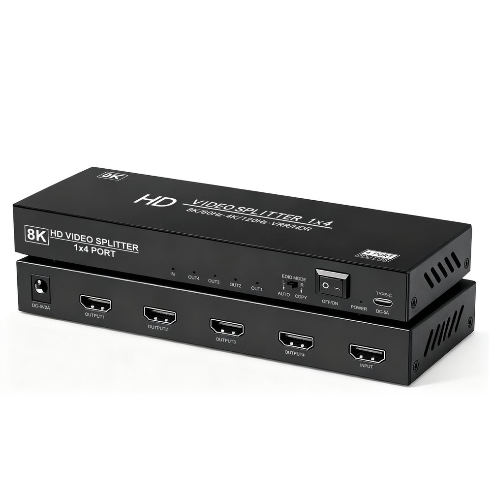8K HDMI Splitter 1 in 4 Out,4k@120Hz 1X4 hdmi 2.1 Splitter Support 8k@60Hz,4:4:4,48 Gbps,EDID,Auto Down Scaler,8K & 4K or 1080P Sync HDCP 2.3, VRR, HDR10+ for PS5Laptop,HDTV,Projector