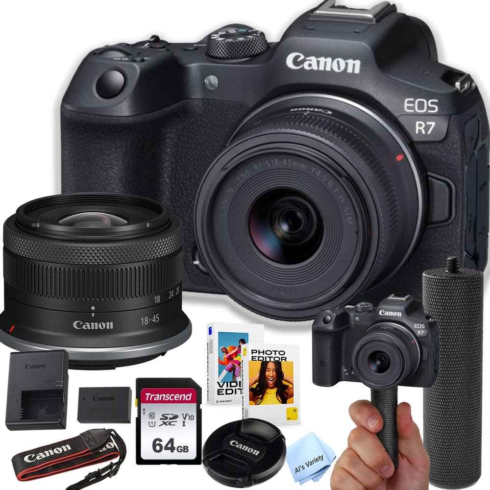 Canon EOS R7 32.5MP APS-C CMOS Sensor Mirrorless Camera with 18-45mm Lens + 64GB Memory + Stabilizing Grip + Software Pack +More (Value Bundle) (Renewed)