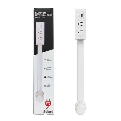 Clamp On Extension Cord Socket Extender with USB-C & USB-A, Low-Profile Rotating Flat Plug, 3-Outlet Wall Adapter for Behind Furniture, Bedroom & Nightstand Wall Outlet Extender