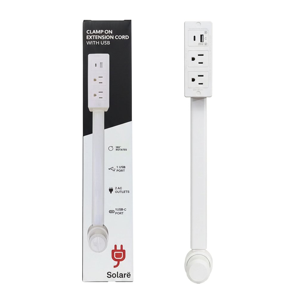 Clamp On Extension Cord Socket Extender with USB-C & USB-A, Low-Profile Rotating Flat Plug, 3-Outlet Wall Adapter for Behind Furniture, Bedroom & Nightstand Wall Outlet Extender