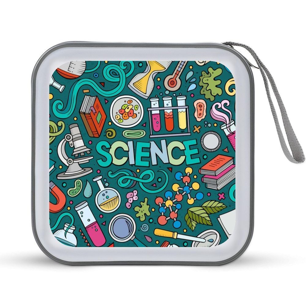 FodPand Cartoon Science Theme CD Case 40 Capacity CD Holder Organizer Portable Zipper DVD Collection Storage Bag Compact Cases Storage Binder Plastic Holder Disc Car Home Travel