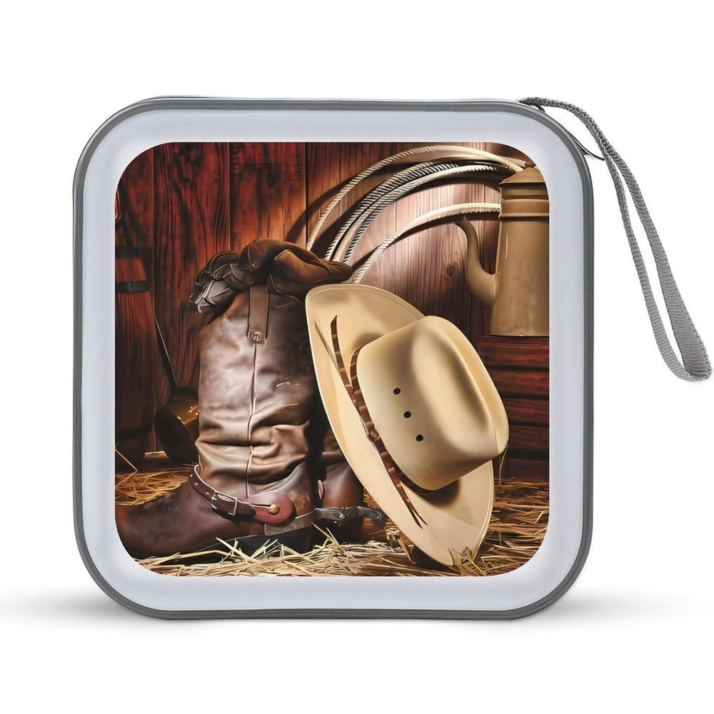 FodPand Cowboy Black Hat Western Boots CD Case 40 Capacity CD Holder Organizer Portable Zipper DVD Collection Storage Bag Compact Cases Storage Binder Plastic Holder Disc Car Home Travel