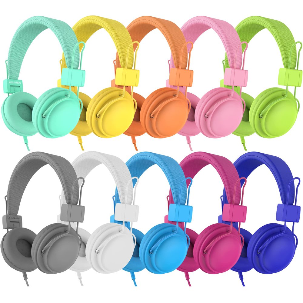 AILIHEN Classroom Headphones Kids 20-Pack for School Student K-12, On-Ear Premium Bulk Wired Headset with Mic, 85dB Volume Limited & SharePort, 3.5mm Jack for Chromebook, Computer, Laptop (Multicolor)