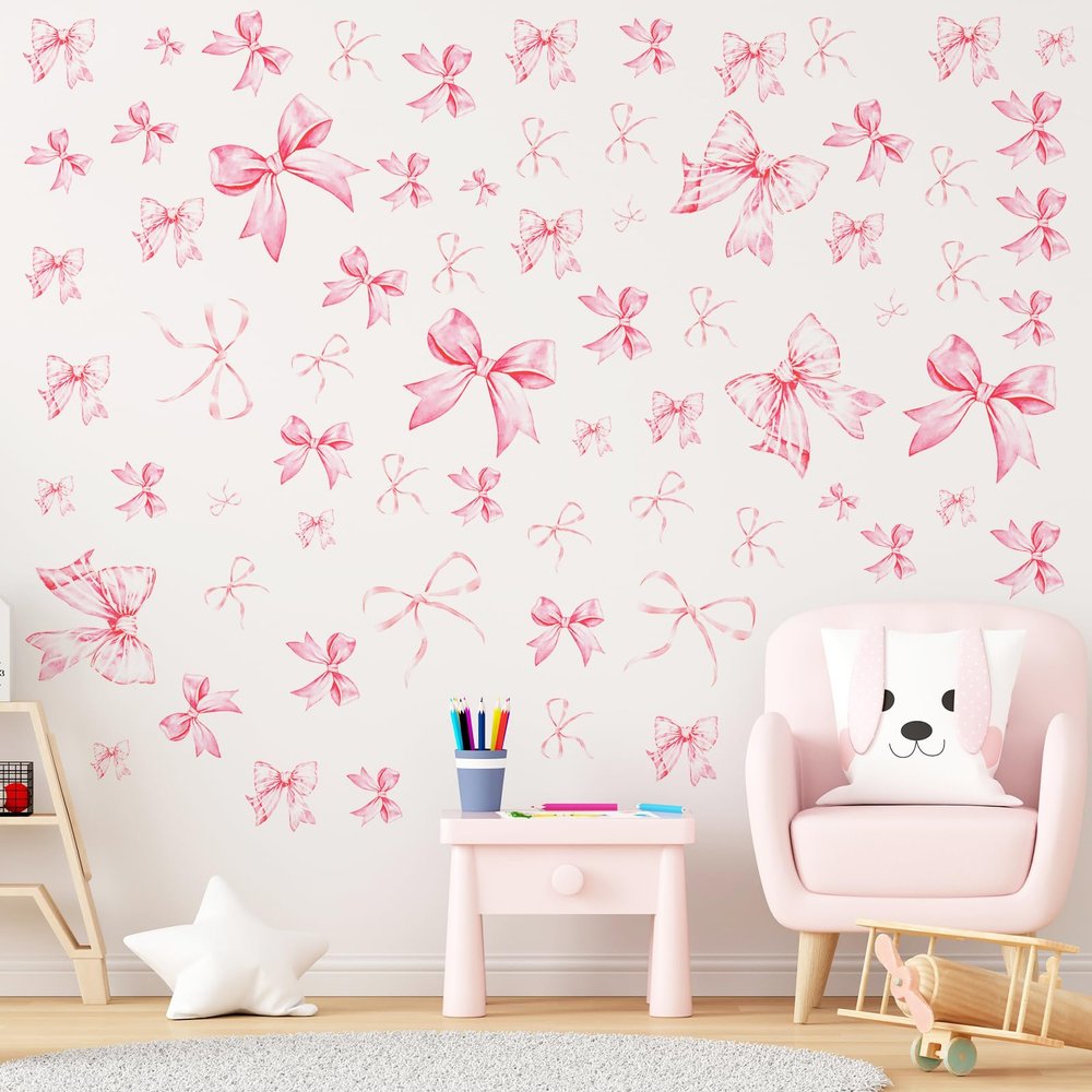 12 Sheets Pink Bow Wall Decor Stickers, 69pcs Pink Wall Decals Peel and Stick, Bow Themed Room Decals Decor for Bedroom Home Party Nursery