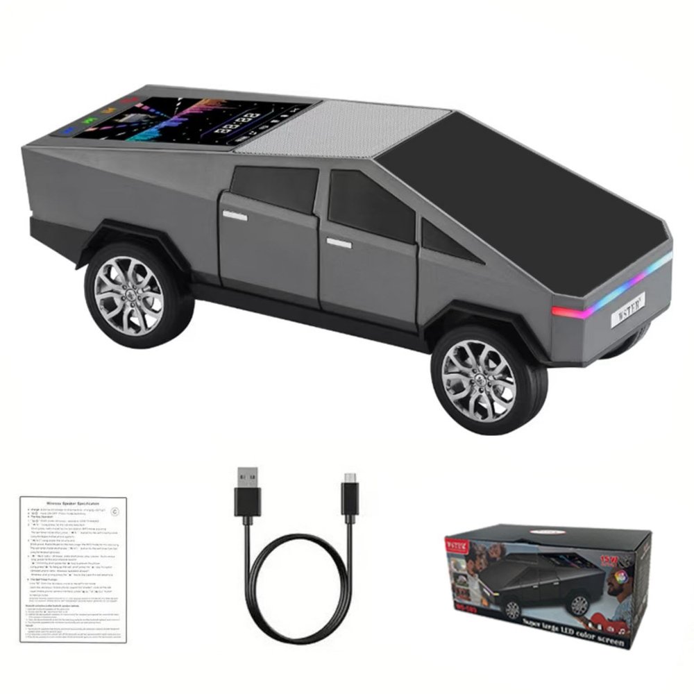 WSTER Future-Style Truck Replica Bluetooth Speaker with LED Display Screen, TWS Stereo, FM, USB/TF Playback, LED Headlights, Mic  Gift for Car Enthusiasts Model Fans & Gadget Collectors (Gray)