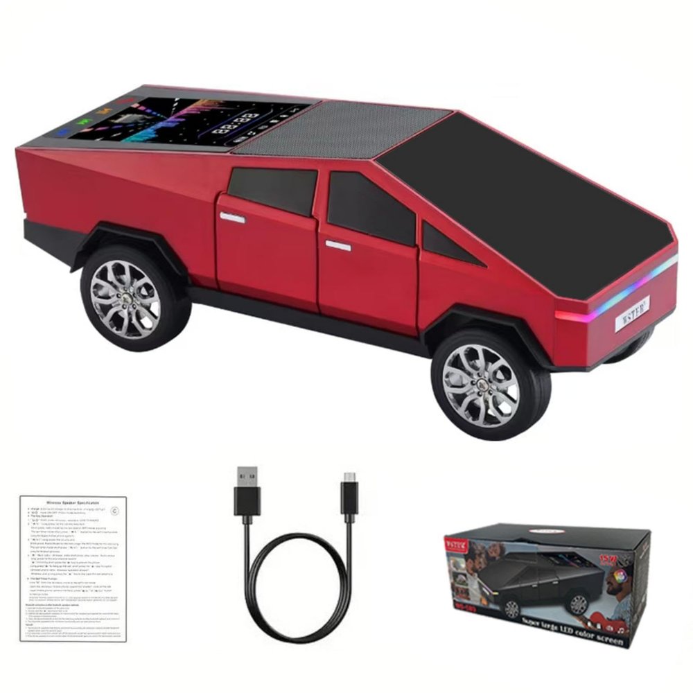WSTER Future-Style Truck Replica Bluetooth Speaker with LED Display Screen, TWS Stereo, FM, USB/TF Playback, LED Headlights, Mic Gift for Car Enthusiasts Model Fans & Gadget Collectors (Red)