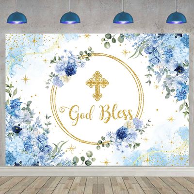 God Bless Backdrop for Boy First Holy Communion Baptism Background Blue Floral Glitter Christening Party Decorations Banner Newborn Baby Shower Photography Banner (10x8FT: 120x96 inch)