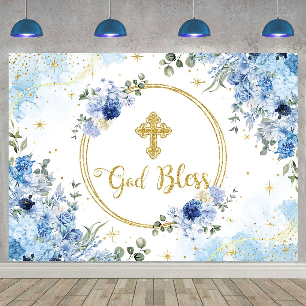 God Bless Backdrop for Boy First Holy Communion Baptism Background Blue Floral Glitter Christening Party Decorations Banner Newborn Baby Shower Photography Banner (10x8FT: 120x96 inch)