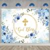 God Bless Backdrop for Boy First Holy Communion Baptism Background Blue Floral Glitter Christening Party Decorations Banner Newborn Baby Shower Photography Banner (10x8FT: 120x96 inch) view 1