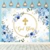 God Bless Backdrop for Boy First Holy Communion Baptism Background Blue Floral Glitter Christening Party Decorations Banner Newborn Baby Shower Photography Banner (10x8FT: 120x96 inch) view 3