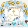 God Bless Backdrop for Boy First Holy Communion Baptism Background Blue Floral Glitter Christening Party Decorations Banner Newborn Baby Shower Photography Banner (10x8FT: 120x96 inch) view 4