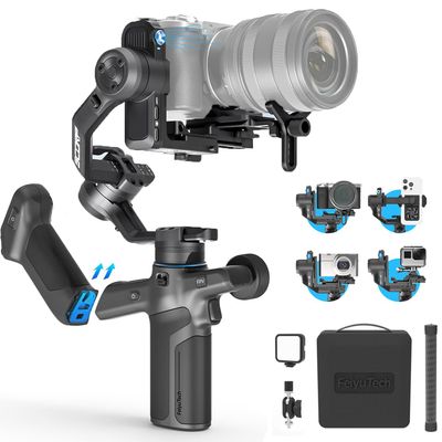 FeiyuTech SCORP Mini 3 Pro [Kit] AI Tracking Camera Stabilizer with Bag+Fill Light+Extension Pole, Detachable Remote Handle, 4.4lbs Payload All in One Gimbal Stabilizer for Camera & Smartphone