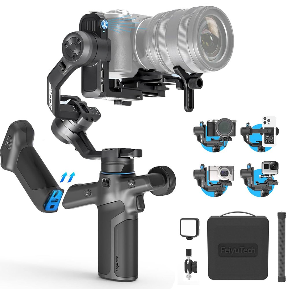 FeiyuTech SCORP Mini 3 Pro [Kit] AI Tracking Camera Stabilizer with Bag+Fill Light+Extension Pole, Detachable Remote Handle, 4.4lbs Payload All in One Gimbal Stabilizer for Camera & Smartphone