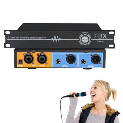 Microphone Feedback Eliminator, 2 in 2 Out Microphone Anti-Howling Feedback Frequency Shifter, 6.35/XLR Interface, Acoustic Gain Increase 5-14d & 5 Level Digital Howling Suppression