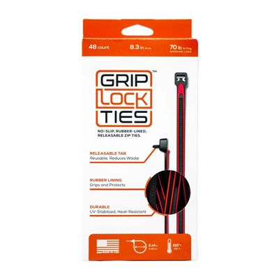 Grip Lock Cable Ties, Zip Ties, 8 in Long, Red Rubber Lined, Nylon, Black, Reusable, Set of 48