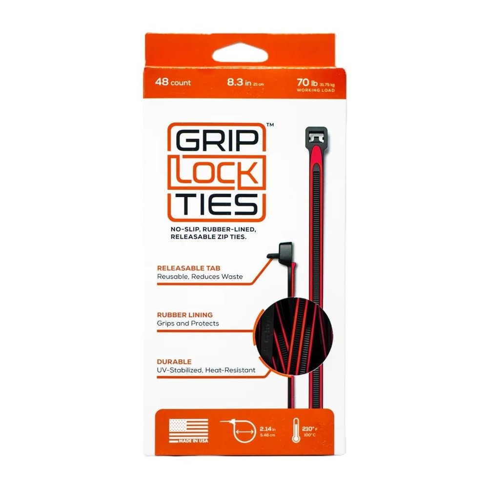 Grip Lock Cable Ties, Zip Ties, 8 in Long, Red Rubber Lined, Nylon, Black, Reusable, Set of 48
