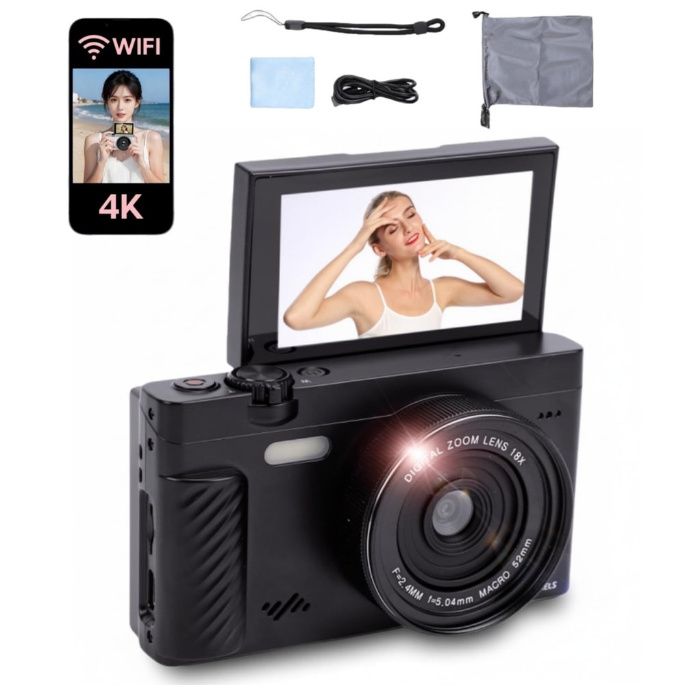 Pomya Digital Camera 4K 75MP 18X Zoom, WiFi Mirrorless Camera with 3.0 Inch Flip Screen, APP Beautify Function, for Travel Landscape Portrait (Black)
