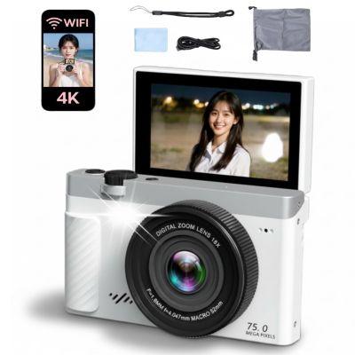 Pomya Digital Camera 4K 75MP 18X Zoom, WiFi Mirrorless Camera with 3.0 Inch Flip Screen, APP Beautify Function, for Travel Landscape Portrait (White)