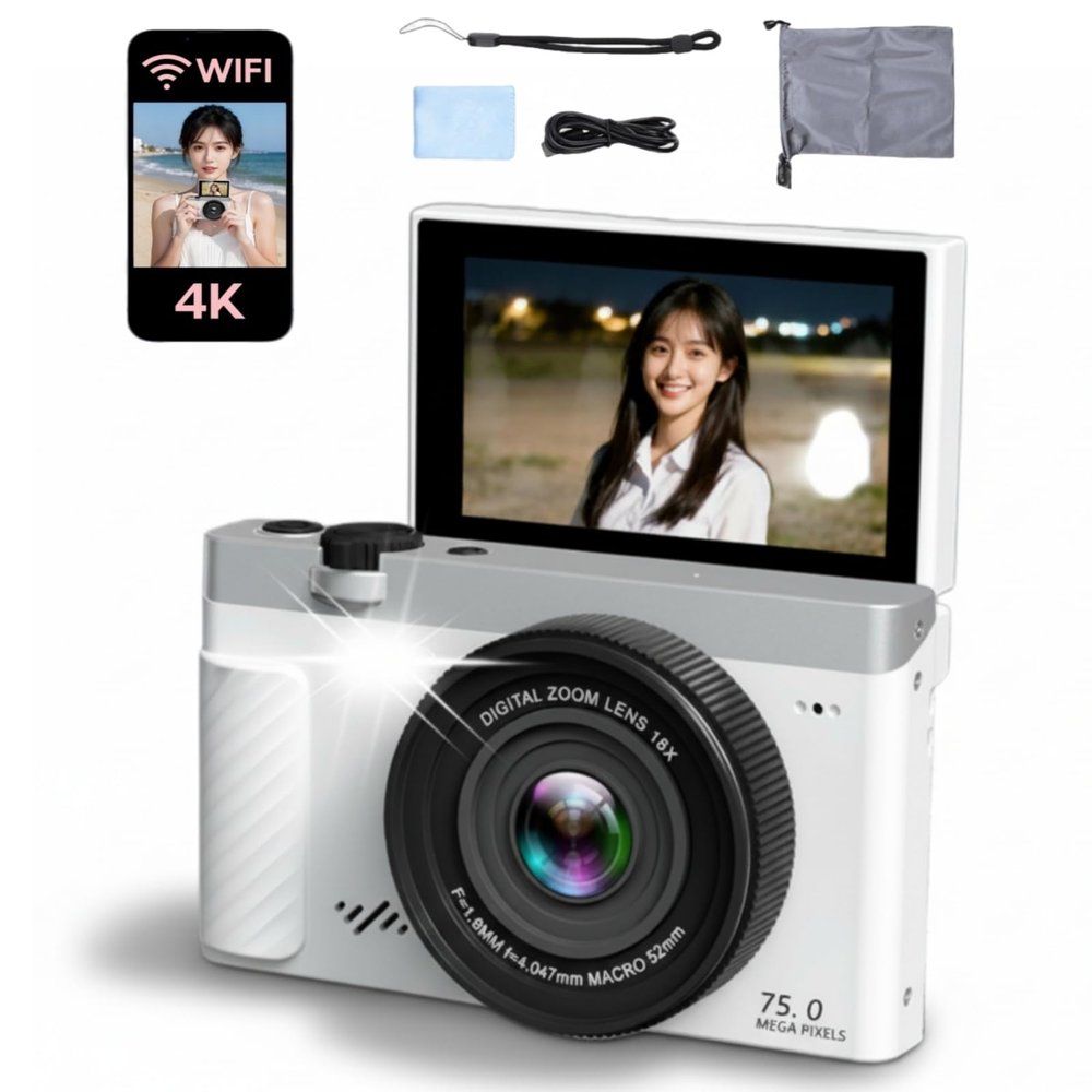 Pomya Digital Camera 4K 75MP 18X Zoom, WiFi Mirrorless Camera with 3.0 Inch Flip Screen, APP Beautify Function, for Travel Landscape Portrait (White)