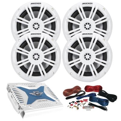 6.5" 150 Watt Max Marine White Speakers (Qty 4) with 1000 Watt 4-Channel Bluetooth Amplifier with Installation Wiring Kit