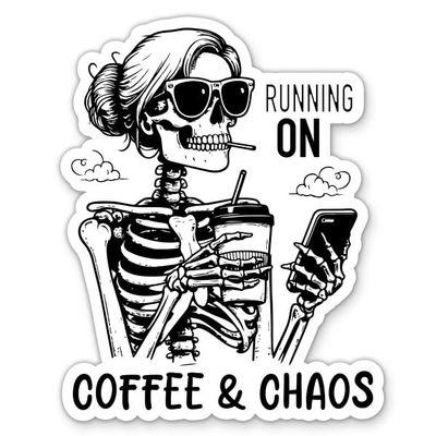 Running on Coffee and Chaos Sticker - 3" Laptop Sticker - Waterproof Vinyl for Car, Phone, Water Bottle - Caffeine Lover Mom Life Decal