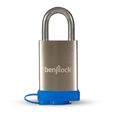 BenjiLock BJL207SS-40 Fingerprint Padlock with Blue Bumper and up to 10 Fingerprints with Stainless Steel Shackle and IP68 Rating