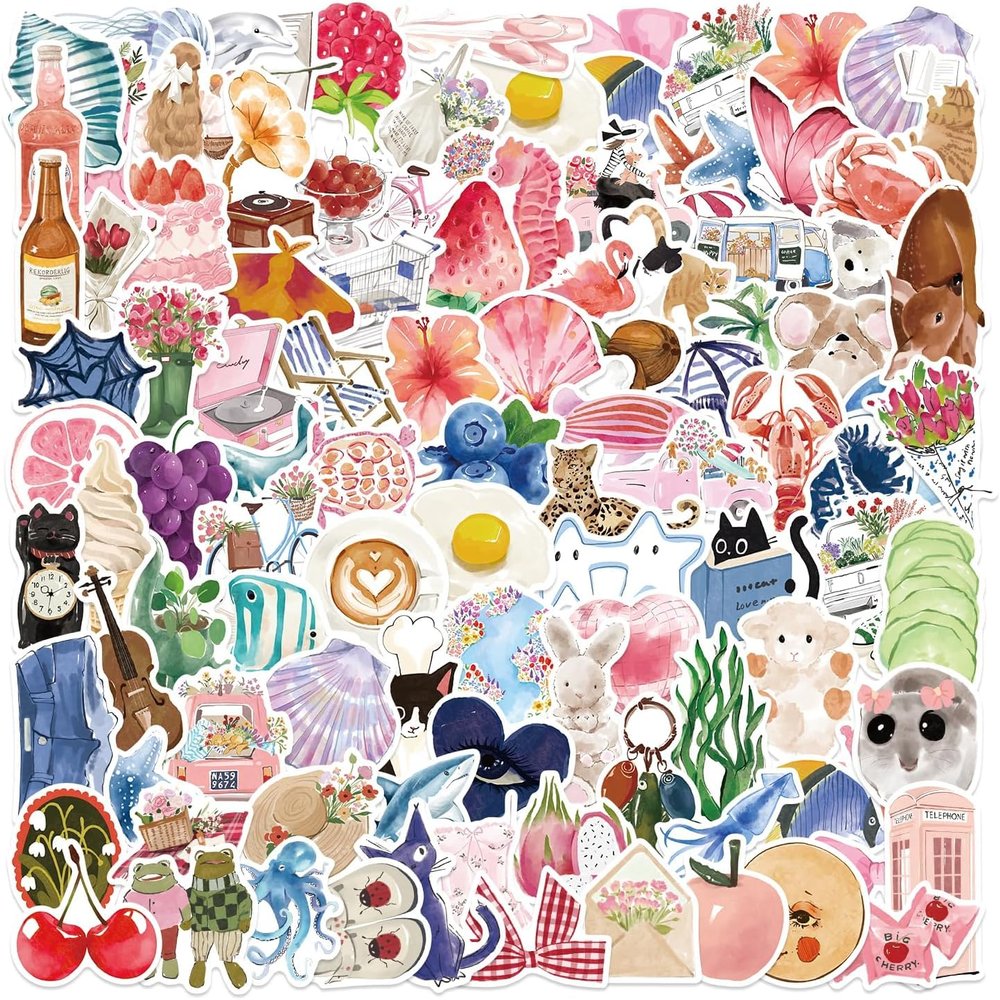 100 Pack Aesthetic Stickers - Waterproof Vinyl Decals for Water Bottle, Laptop, Journal | Cute Cartoon Watercolor Designs | Unique Gift Ideas for Girls, Teens, Adults