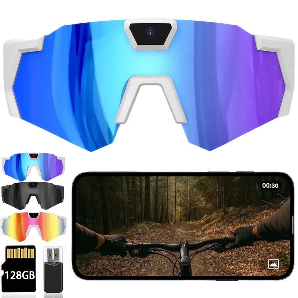 4K POV Sports Glasses with Camera, 120 Ultra Wide Angle HD Wearable Body Adventure Action Glasses, Cameras, for Cycling, Baseball and Outdoors Activities (White, 128GB)