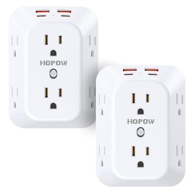 2 Pack Outlet Extender Surge Protector, HOPOW 6 Outlet Splitter with 4 USB Ports (2 USB C), USB Wall Charger, 3-Sided 1050J Multi Plug Wall Outlet, Wall Mount for Home Travel Office Travel, White
