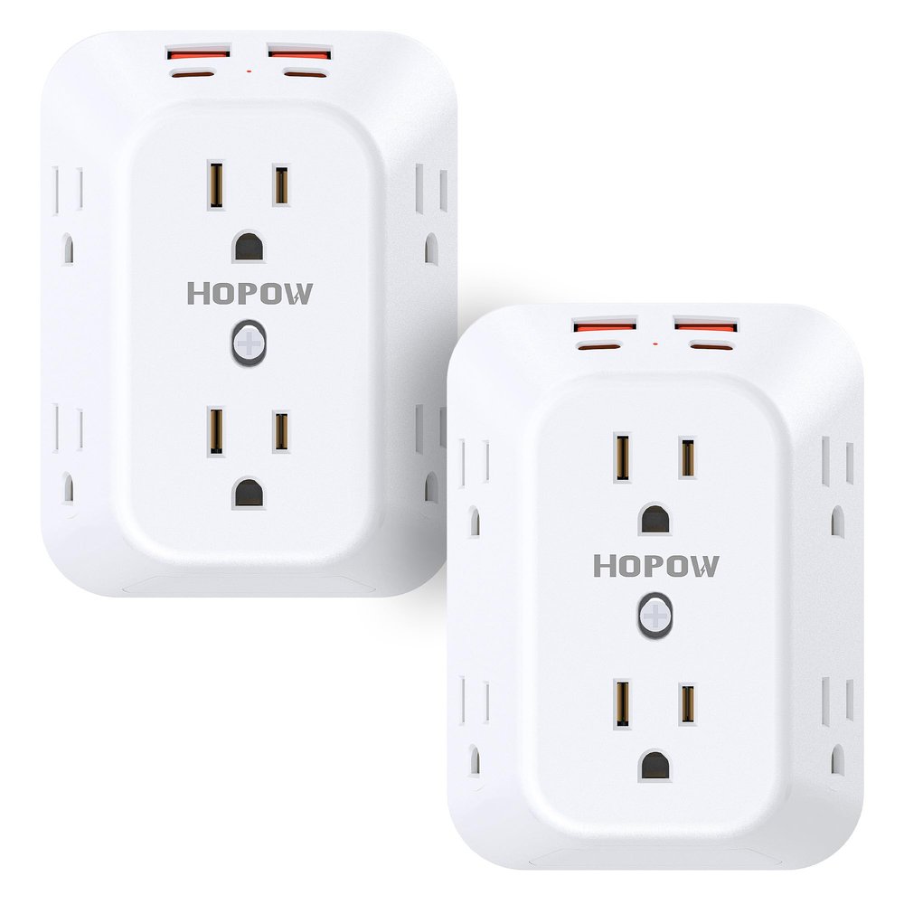2 Pack Outlet Extender Surge Protector, HOPOW 6 Outlet Splitter with 4 USB Ports (2 USB C), USB Wall Charger, 3-Sided 1050J Multi Plug Wall Outlet, Wall Mount for Home Travel Office Travel, White