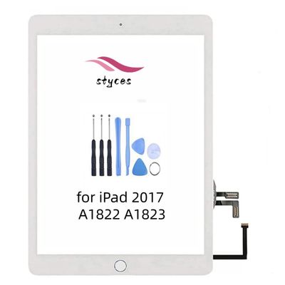 STYCES broken touch screen Digitizer replacement for iPad 2017 A1822 A1823,front glass screen 9.7 inch with Home button (no fingerprint function), tools, and double-sided tape (black/white) (white)