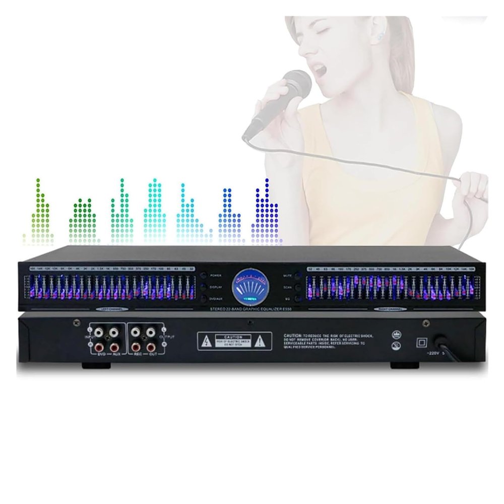 22 Bands Digital Equalizer, Digital Audio Stereo Graphic EQ with 10 Preset Effects, Low/Mid/Treble Adjustment, Automatic Noise Reduction, 1U Rack Mount, for Recording Studio
