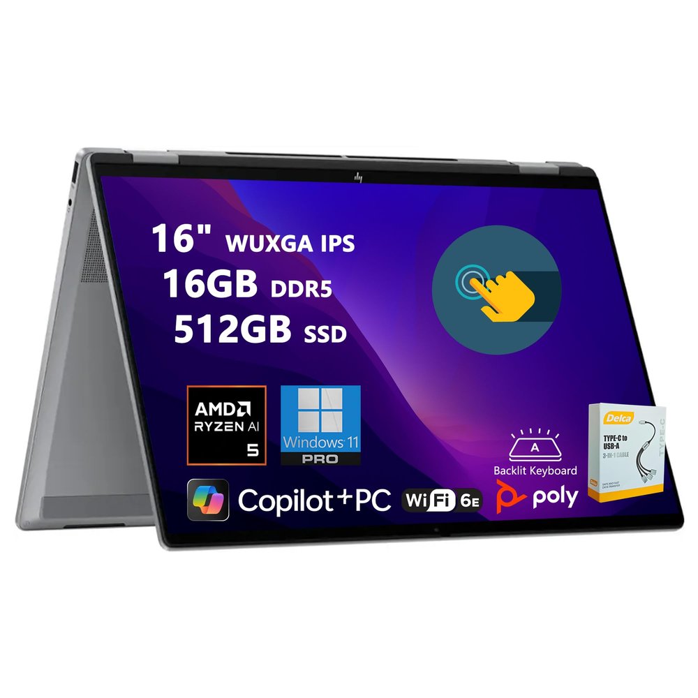 HP OmniBook X Flip Copilot+ AI PC 2-in-1 Laptop | 16" WUXGA Touchscreen | AMD 6-Core Ryzen AI 5 340 (Up to 50 Tops) | 16GB DDR5 512GB SSD | Backlit 5MP IR Privacy Camera Win11 Pro w/DLCA Accessory