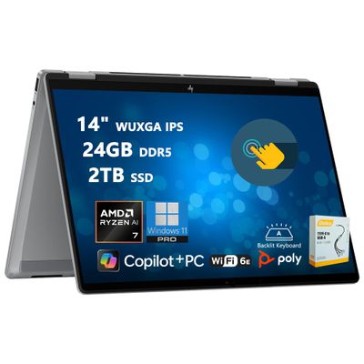 HP OmniBook X Flip 2-in-1 Laptop | 14" WUXGA IPS Touch | AMD Ryzen AI 7 350 (Up to 50 NPU Tops) | 24GB DDR5 2TB SSD | Copilot+ AI PC for Creator Business Professional Win11 Pro w/DLCA Accessory