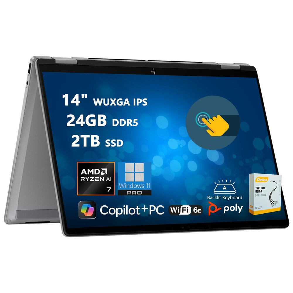 HP OmniBook X Flip 2-in-1 Laptop | 14" WUXGA IPS Touch | AMD Ryzen AI 7 350 (Up to 50 NPU Tops) | 24GB DDR5 2TB SSD | Copilot+ AI PC for Creator Business Professional Win11 Pro w/DLCA Accessory